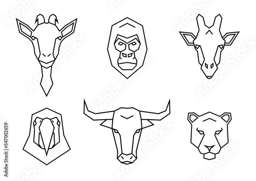 Set of polygon wild animals icons. Geometric heads of a goat, gorilla, giraffe, parrot, bull and lioness. Linear style vector collection illustration.