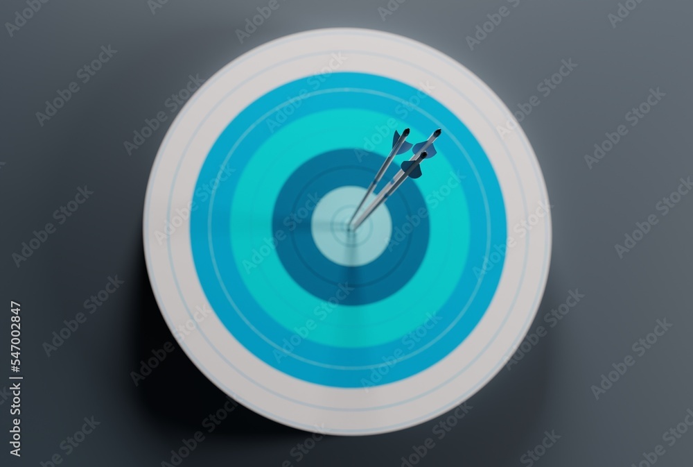 Target with embedded arrows. Archery target on a dark background. The concept of fulfilling the goal, striving to implement plans. 3D render, 3D illustration. Target with embedded arrows. Archery target on a dark background. The concept of fulfilling the goal, striving to implement plans. 3D render, 3D illustration.