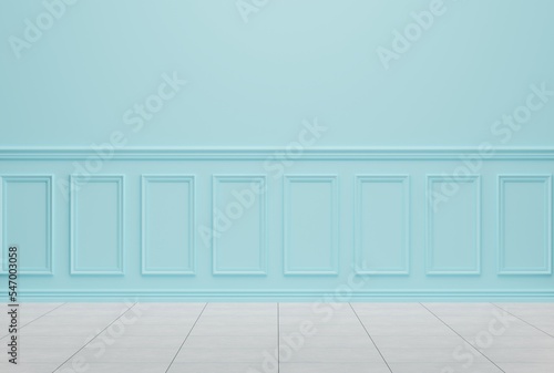 Blue decorative wall, room interior. Product placement concept, beautiful empty wall with decorative pattern, panel. 3D render; 3D illustration.