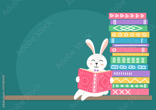 Rabbit reading book on bookshelf. Different color books with hand drawn ornament on shelf on teal background with place for your text. Stack of books. Vector illustration.