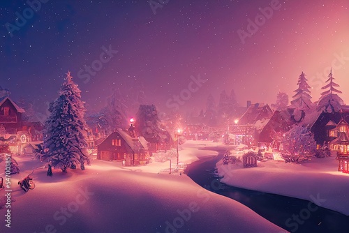 Christmas Village. Night winter New Year's festive small town decorated with Christmas decorations, snow, garlands, houses, winter streets, night. © Terablete