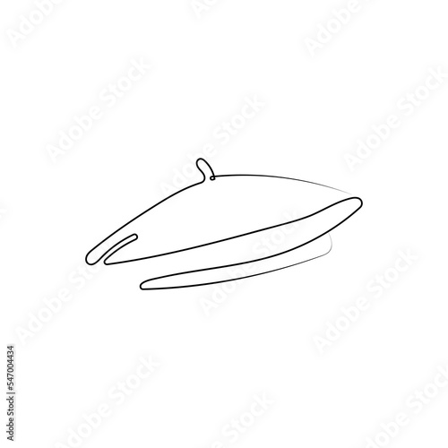 Beret hat, one line art. Fashionable casual headwear. French cap, painter hat. Hand drawn vector illustration.