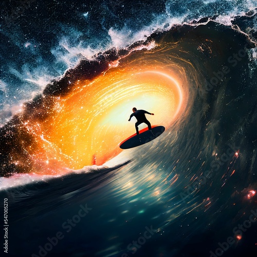 Tableau sur toile AI-generated illustration of a surfer on orange and blue breaking waves