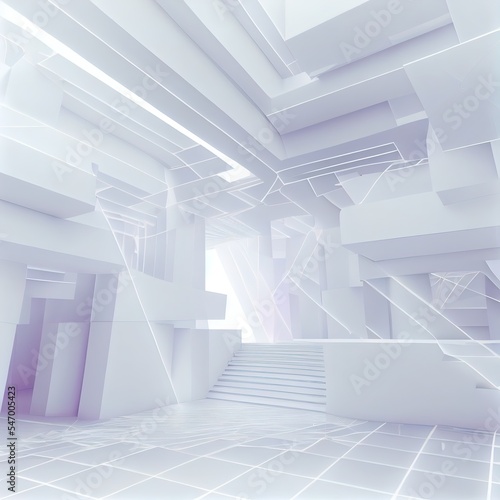 abstract architectural interior with white sculpture and geometric gradient glass lines. 3D illustration and rendering