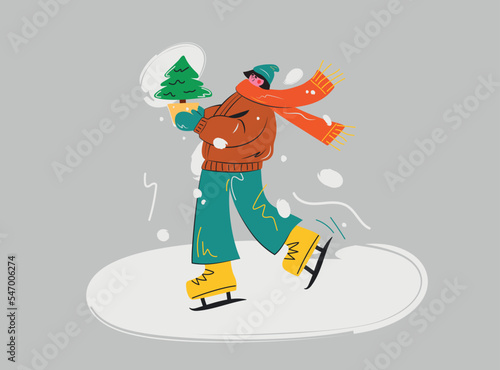 A girl on skates on the ice with a Christmas tree in her hands, a flat illustration , Merry Christmas or Happy New Year's card design