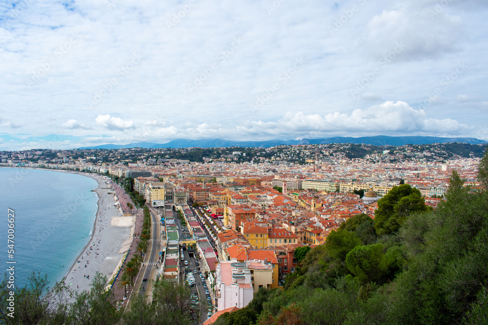 Nice, France Aerial view on beach and buildings in old town and city. French Riviera 