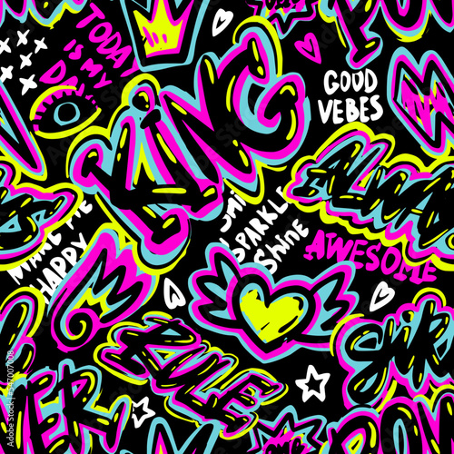 Abstract seamless chaotic pattern with urban elements, graffiti, words. Grunge texture background. Wallpaper for girls. Fashion cool  teen style