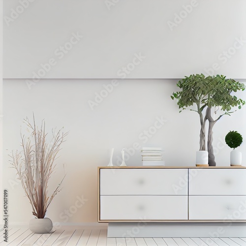 Interior design of modern living room with dresser over white wall. Home decor background with accessories, vase with branch, flower pots and books. Wall with copy space. Panorama, 3d rendering
