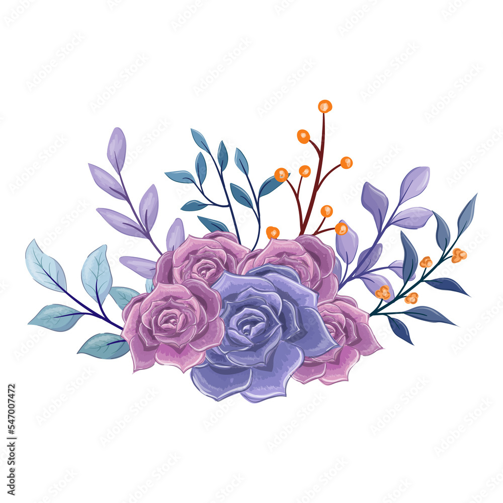 blue purple flower arrangement watercolor illustration