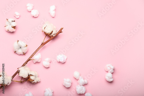 Soft cotton wool and flowers on pink background