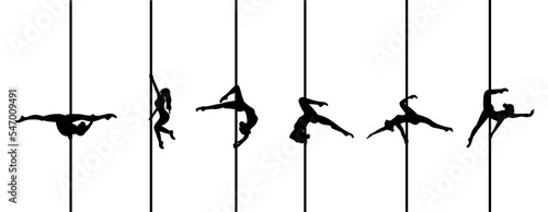 Pole dancer silhouette set. Pole dance, pole sport, woman on pole acrobatic set. Vector poses on white background. 