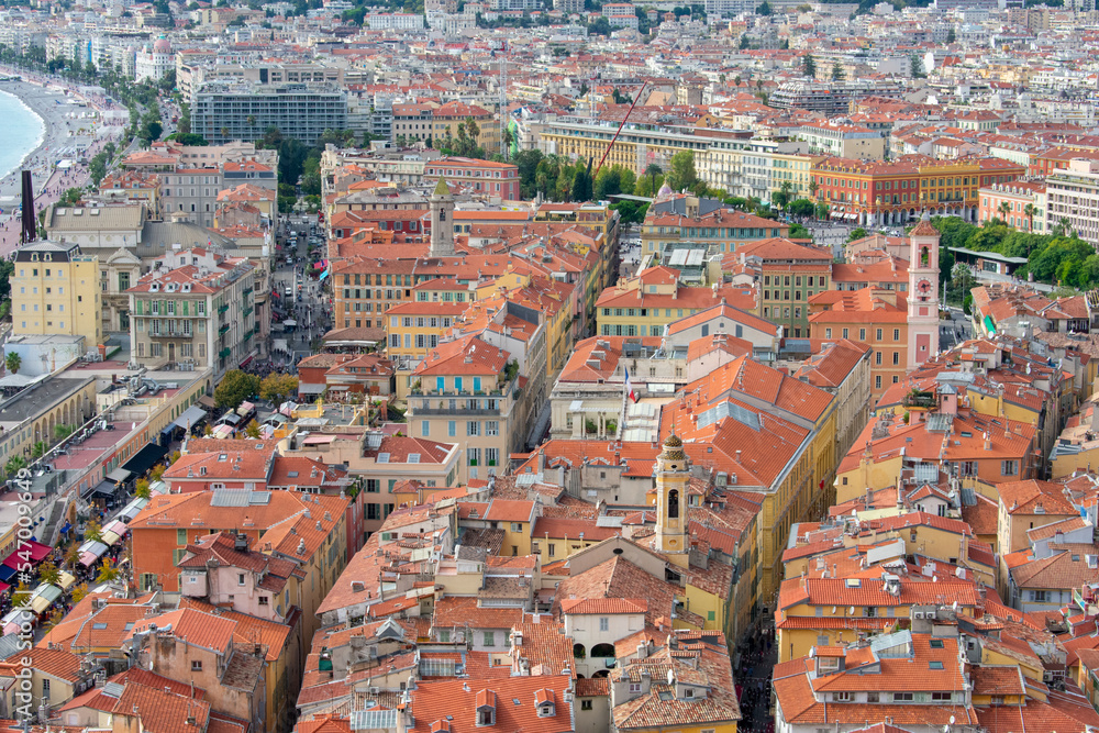 Nice, France Aerial view on beach and buildings in old town and city. French Riviera 