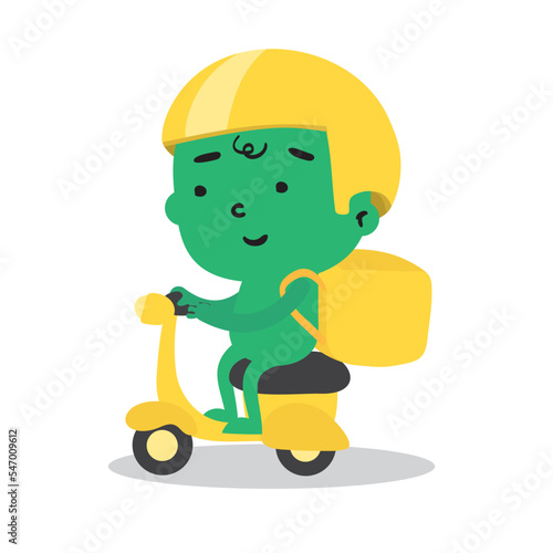 Dibujo garabato en vectores de personaje divertido estilo caricatura repartidor con mochila de entregas, motocicleta y casco. 