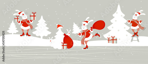 Set, banner cartoon characters bunnies, rabbits wearing santa claus clothes holding christmas bag, gift box, skating, decorating fir tree. Editable horizontal vector illustration
