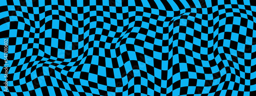 Distorted blue and black chessboard background. Twisted optical illusion. Psychedelic pattern with warped squares. Trippy checkerboard surface. Fantastic checkered texture