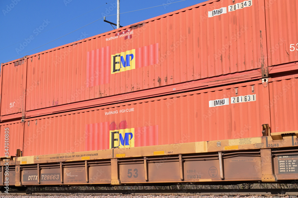 An intermodal freight train passing through Illinois. The intermodal
