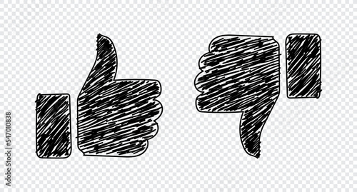 Thumbs up and thumbs down. Like and dislike icons. Simple doodle thin line design. Hand drawn. Vector illustration