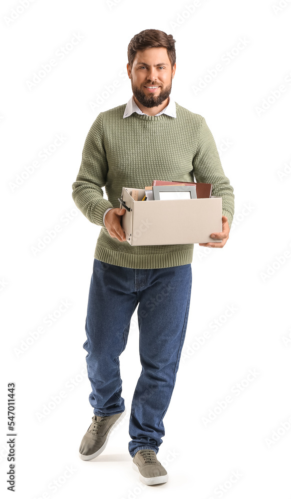Fired young man holding box with personal stuff on white background Fired young man holding box with personal stuff on white background