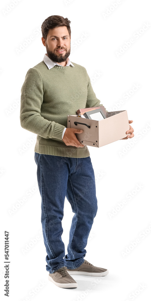 Fired young man holding box with personal stuff on white background Fired young man holding box with personal stuff on white background