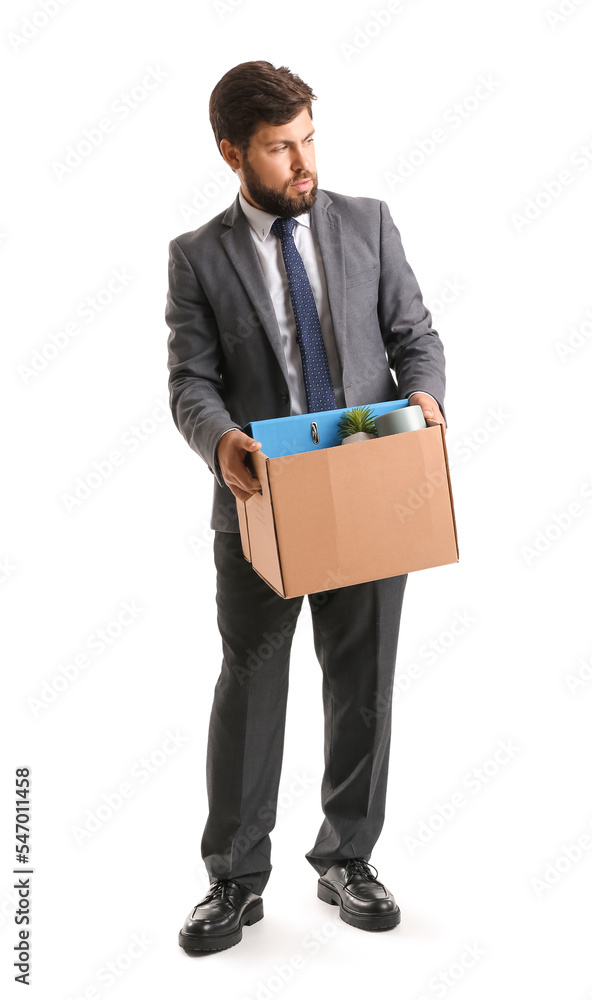 Fired young man holding box with personal stuff on white background Fired young man holding box with personal stuff on white background