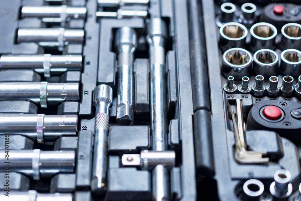 Kit of metallic chrome vanadium tools in workshop Kit of metallic chrome vanadium tools in workshop
