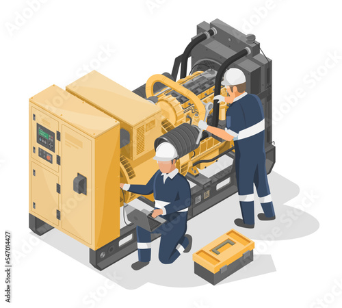 Power generators maintenance service team big diesel engine motor isometric for industry and construction equipment yellow in white isolated