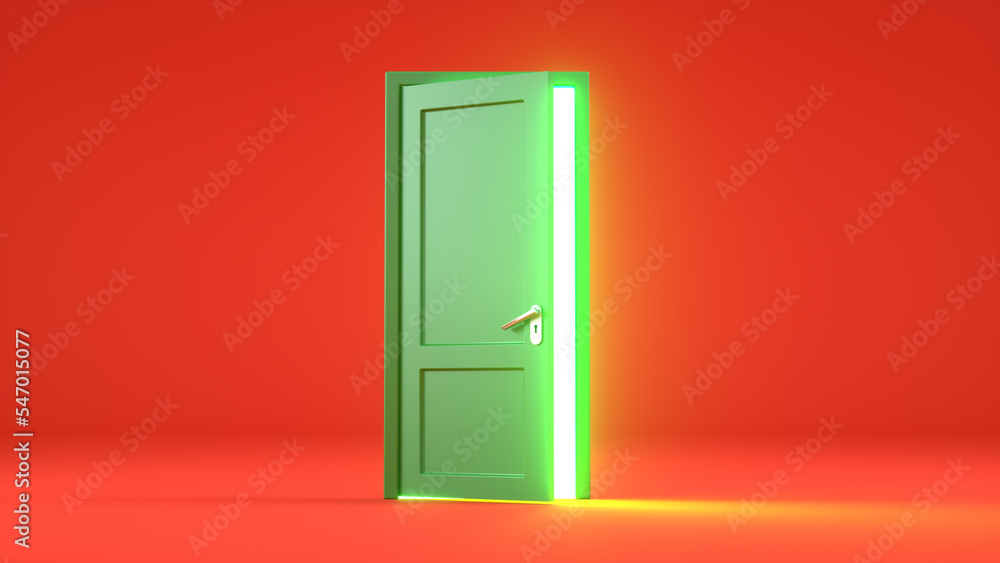 Green door open. Door of opportunities. Green light emanating, glowing out from the other side. Light shines from room. Hard red background. Computer generated 3D render. Green door open. Door of opportunities. Green light emanating, glowing out from the other side. Light shines from room. Hard red background. Computer generated 3D render.
