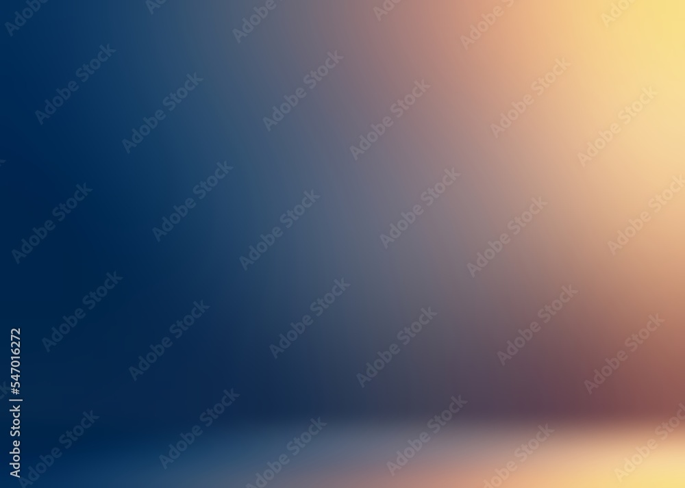 Yellow low diffused light illuminated side of dark blue room 3d illustration. Abstract empty blur background.