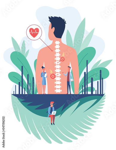 Osteopathy spine pain treatment. Patient male standing back, doctors looking at her spine flat vector illustration. Disease diagnosis. Bone health