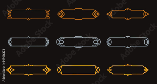 Frames medieval game ui. Metallic title banners, decorative borders. Vector assets for web or game design. Empty rectangle frames in medieval style. Interface elements