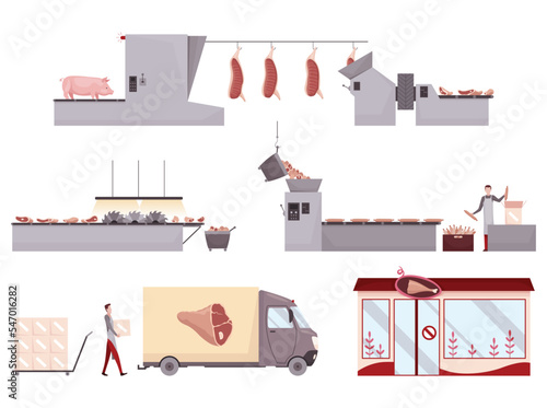 Meat factory processing plant. Flat composition with factory kitchen equipment. Food industry concept elements. Industrial equipment to produce food for sale