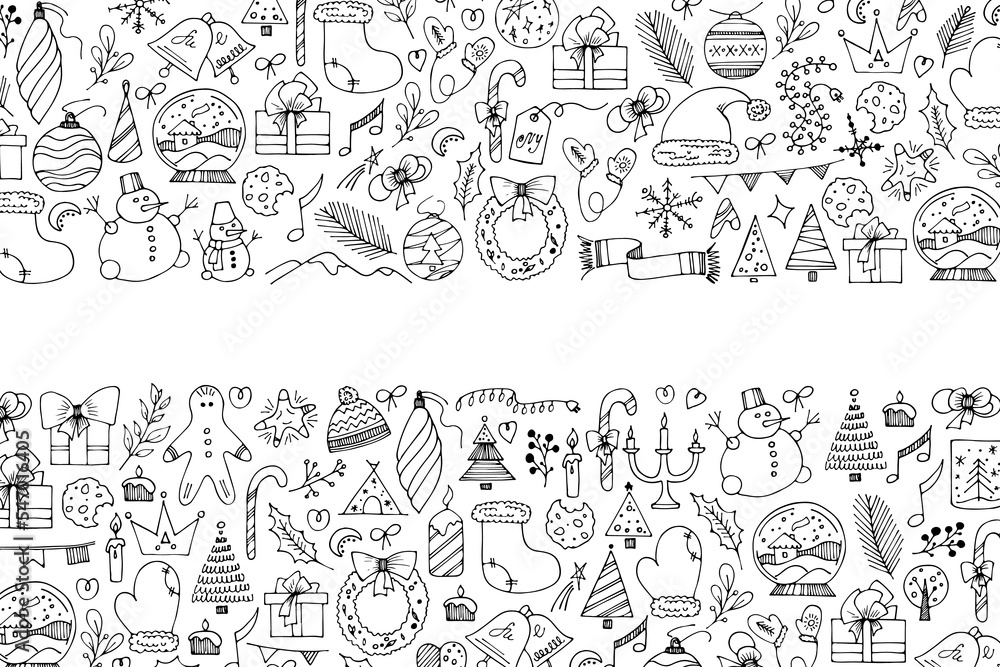 Vector hand drawn background. Christmas pictures in doodle style, New Year's illustrations for greeting card design, for design of a poster, banner, print.