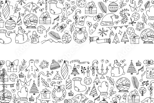 Vector hand drawn background. Christmas pictures in doodle style  New Year s illustrations for greeting card design  for design of a poster  banner  print.