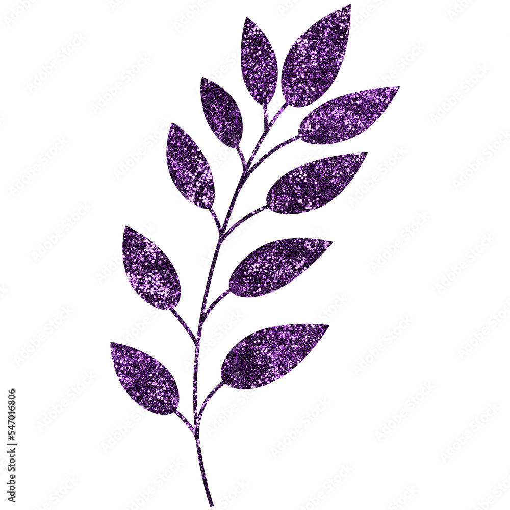 Purple Glitter Hand Drawn Flower Leaves Decorative Winter Element