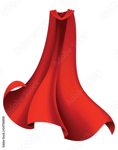 Superhero red cape in front view. Scarlet fabric silk cloak. Mantle costume or cover cartoon vector illustration