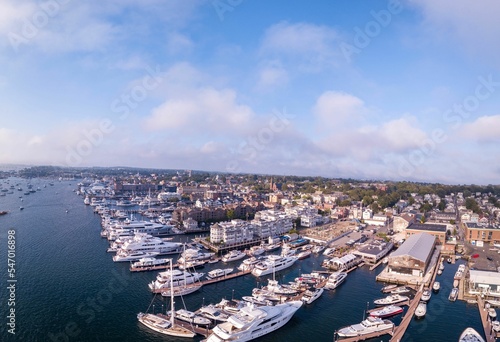 Aerial view of a harbor with ships docked in Newport, Rhode Island, America