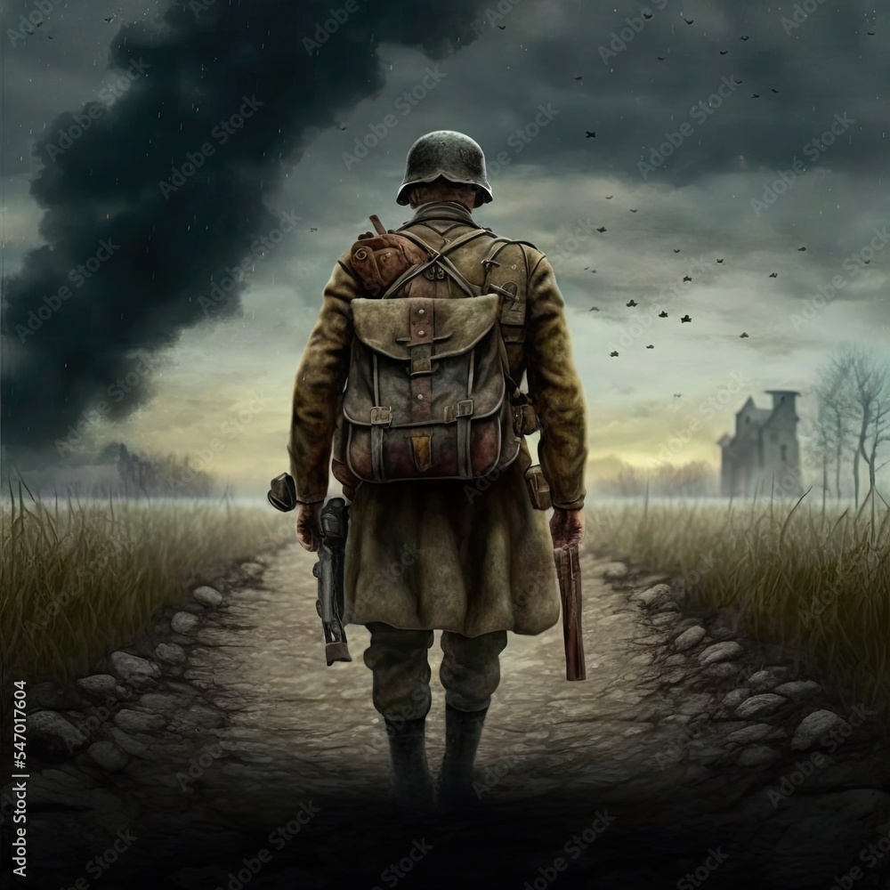 Lone Greman World War II Soldier Walking Away. Back View. Impactful