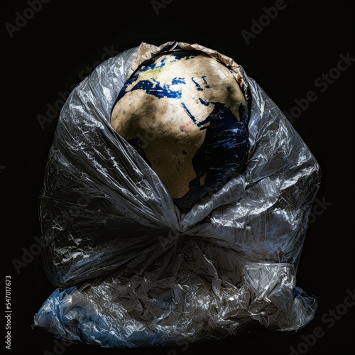 Earth world model wrapped in plastic trash. Save the earth concept.