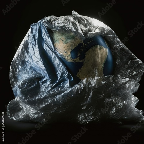 Earth world model wrapped in plastic trash. Save the earth concept.
