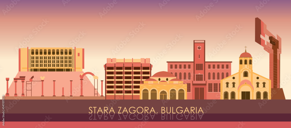 Sunset Skyline panorama of  city of Stara Zagora, Bulgaria- vector illustration