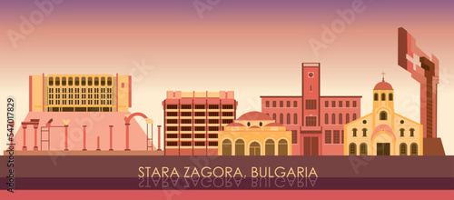 Sunset Skyline panorama of city of Stara Zagora, Bulgaria- vector illustration