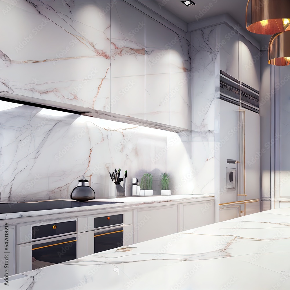 ภาพประกอบสต็อก Luxury kitchen interior with white marble walls and ...