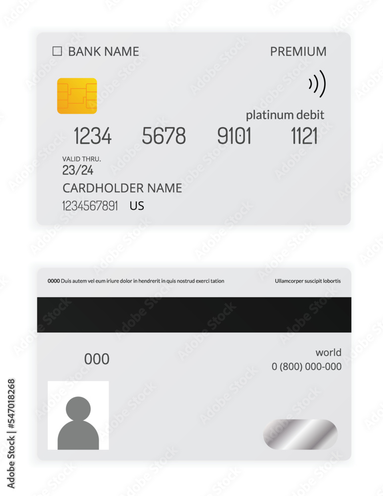 Card credit bank. Two sided, front and back. Detailed realistic debit ...