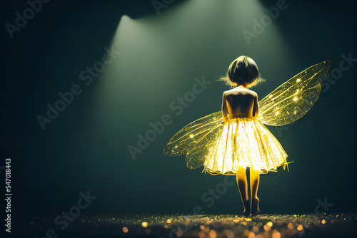 Silhouette of a cute little fairy under the spotlights and made of thousands of small magical sparks. On black background. 3D illustration. photo