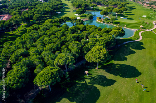 Beautiful manicured golf course of Turkey, aerial top view