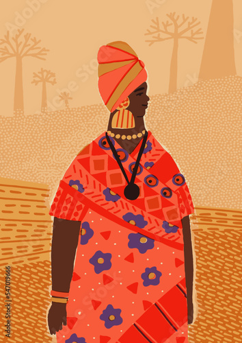 African woman in traditional clothes, a desert scenery with baobabs. African culture festival A4 vector poster, banner.