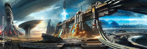 Foto Panorama Landscape of space base rocket launcher dystopic Earth