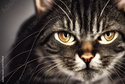 Close-up of a tabby cat with a psychopathic and killer look. With Wicked Eyes, this pet is ready to attack or conquer the world. photo