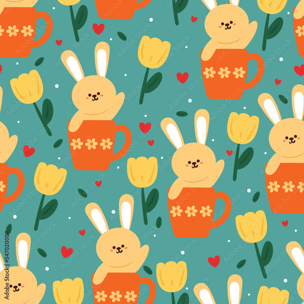 Obraz premium seamless pattern cartoon bunny and flowers. cute animal wallpaper for textile, gift wrap paper