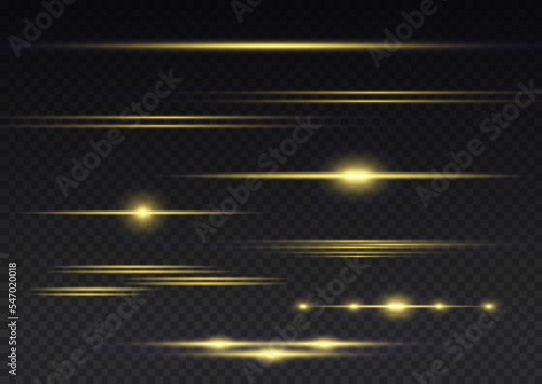 Particle motion effect. Magic of moving fast lines. Golden special effect, speed line. Laser beams, horizontal yellow light rays. Glowing gold flare spark and flash lights. Luminous trail. Vector